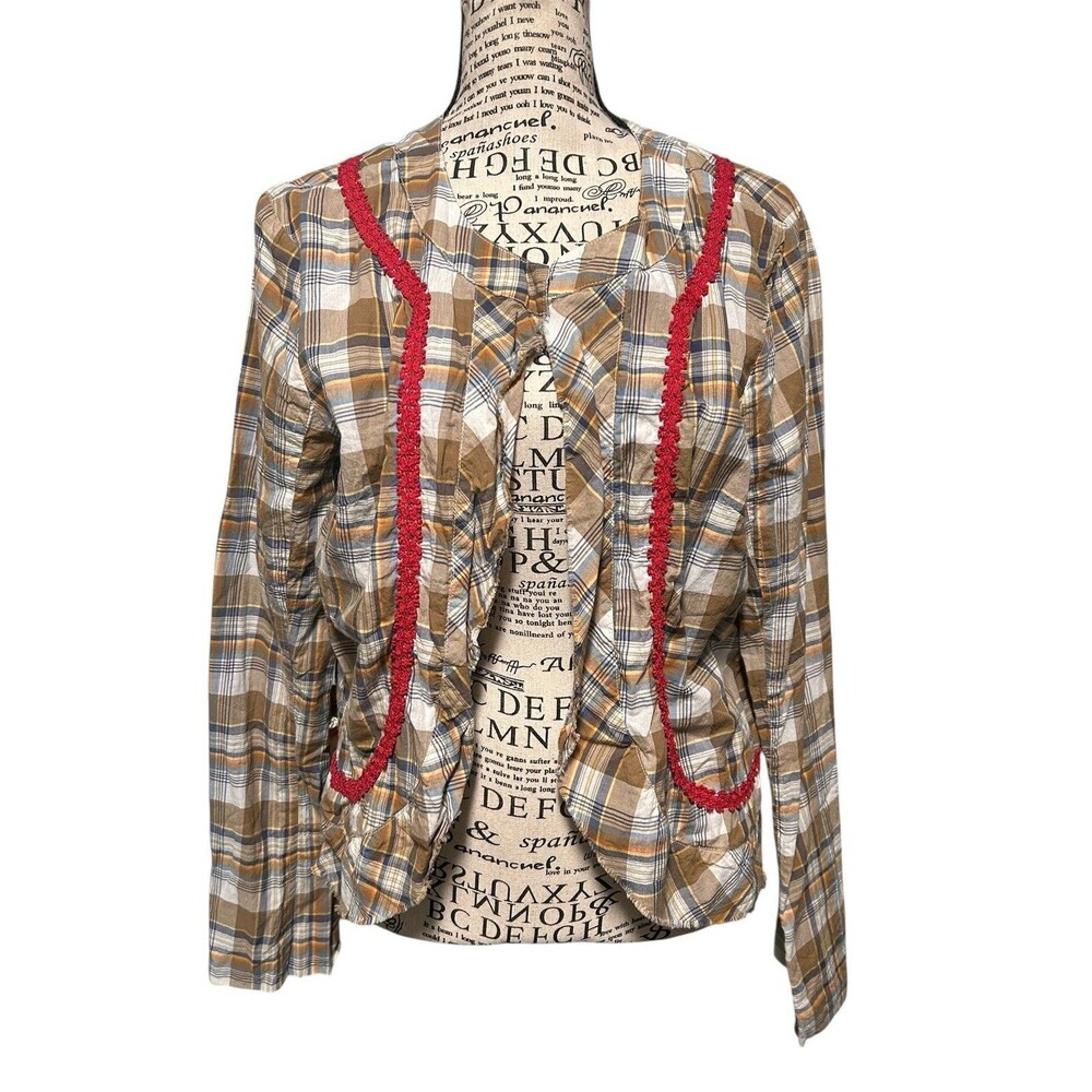 Sundance Jacket Womens 12 Boho Plaid Open Ric Rac Trim Cotton Lightweight Lined